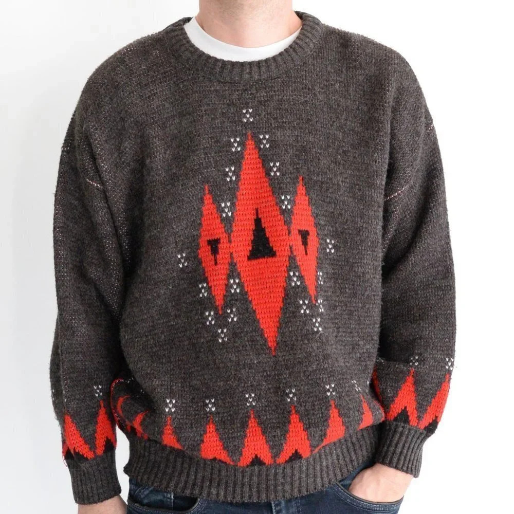 Vintage Pause Brown Red Wool Knit Grandpa Crew Neck Men's Large Unisex - Picture 3 of 13